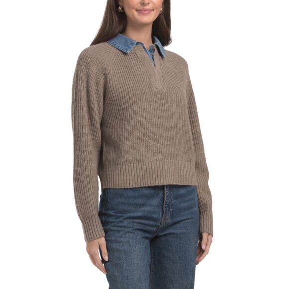 MARLED Heather Taupe Shaker Stitch And Denim Twofer Sweater - Picture 1 of 2